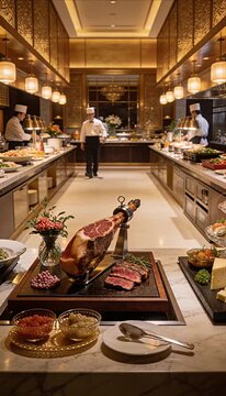Luxury buffet restaurant interior with chef carving station gourmet cuisine and golden lighting fine dining elegant decor food display festive atmosphere seafood platter ham cheese dessert marble