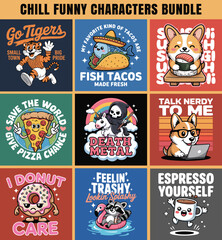 Fototapeta premium Cute Funny Cartoon T Shirt Design Bundle Food Animal Humor Kawaii Style Graphics Pack