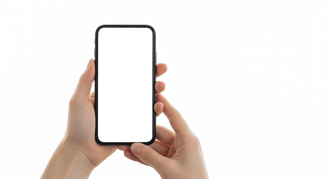 A person holding a smartphone with a blank white screen