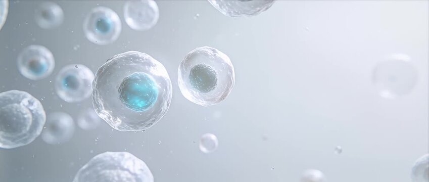 Cell biology medical science microscopic abstract blue white research healthcare 3d render of cell division stem cell cloning dna nucleus embryo reproduction technology innovation medicine infection