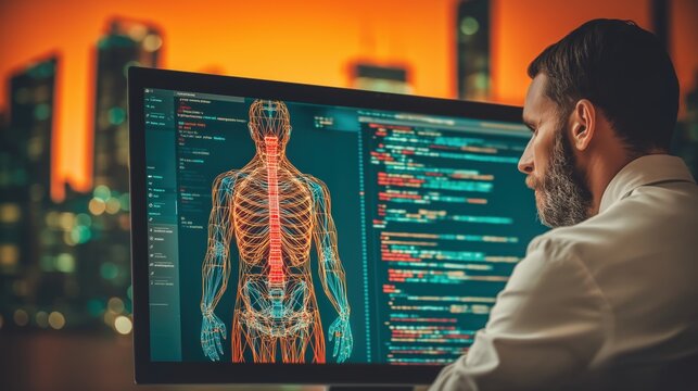 AI healthcare diagnostics with doctor analyzing medical imaging on computer screen, digital health and clinical decision support