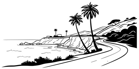 USA, US, U.S, United States - Malibu skyline coastal minimal svg simple line vector black white