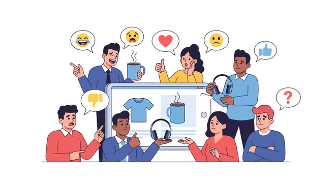 Online Customer Feedback & Product Reviews: Diverse Consumer Reactions, Emotions & Opinions to E-commerce Items. User Experience & Shopping Evaluation Concept.