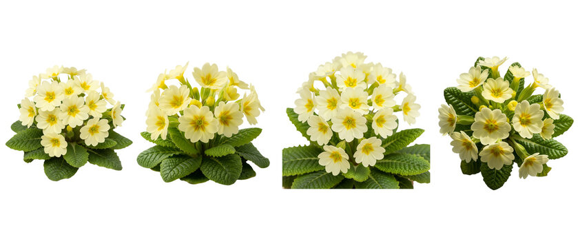 Four Clusters of Yellow Primrose Flowers with Green Leaves on White Background.
