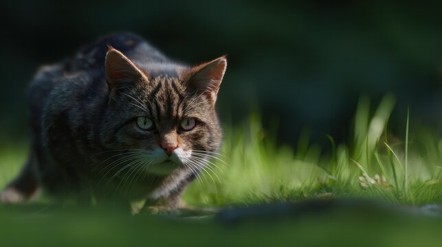 Wildcat crouched in a grassy field, muscles taut and ready for action. wildlife magazines, conservation campaigns, designed for eco-tourism storytelling, promotes animal welfare.