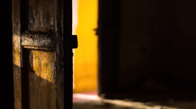 A slightly ajar wooden door with warm light spilling into a hallway. real-estate listings, architecture portfolios, designed for real-estate listing and luxury residence showcases.