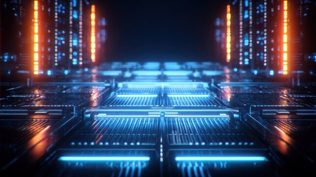 Abstract data center concept with glowing nodes and blue neon accents in an industrial setting. product launch decks, UI/UX mockups, designed for product launches and innovation pitches.