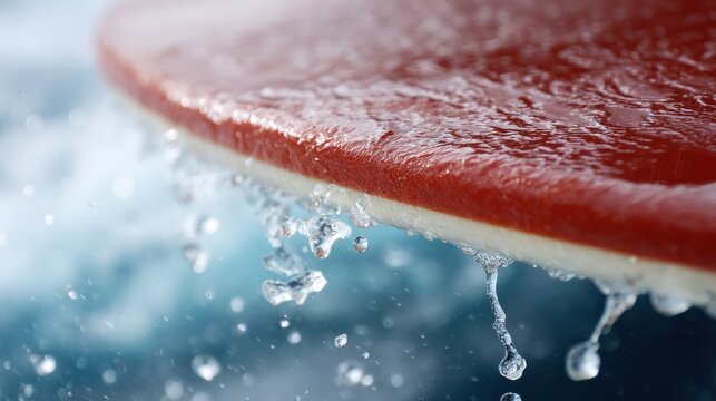 Close-up of a red waterski underside with water droplets on a blurred blue background. mobility guides, transit brochures, designed for transport & logistics marketing.