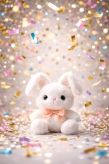 Fototapeta premium 3D white plush bunny rabbit sitting in colorful confetti and glitter