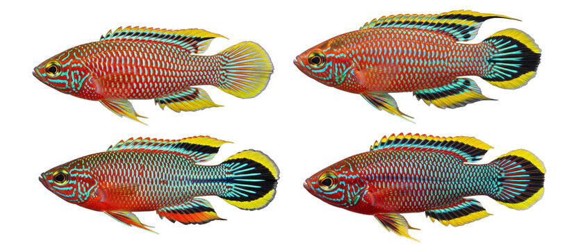 Four Colorful Apistogramma Cichlid Fish Isolated on White Background.