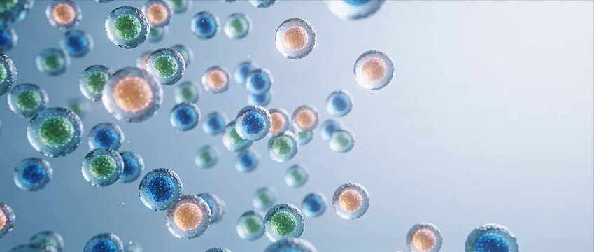 Cell biology science microscopic medical research healthcare laboratory molecule microbiology background of dynamic floating stem cells blue green orange sphere clusters abstract biotechnology