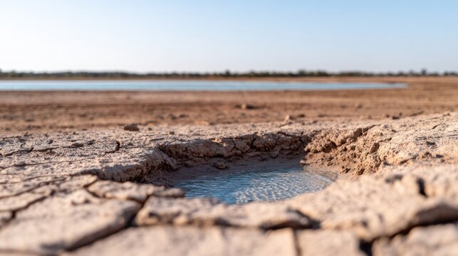 The last shrinking pool of water in a desert oasis under a harsh sun. ESG reports, sustainability campaigns, designed for sustainability communications and ESG reporting.