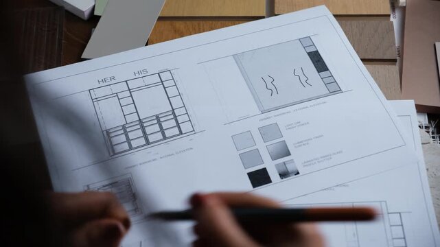 female Interior designer working in her office with color swatches and floor plan for project planning, 4k stock video
