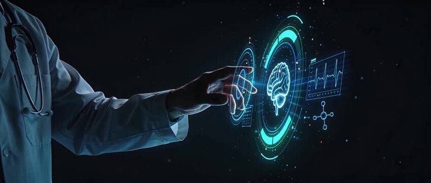 Futuristic digital brain interface artificial intelligence virtual medical data healthcare technology innovation doctor hand touch neuroscience neurology analysis display clinical research