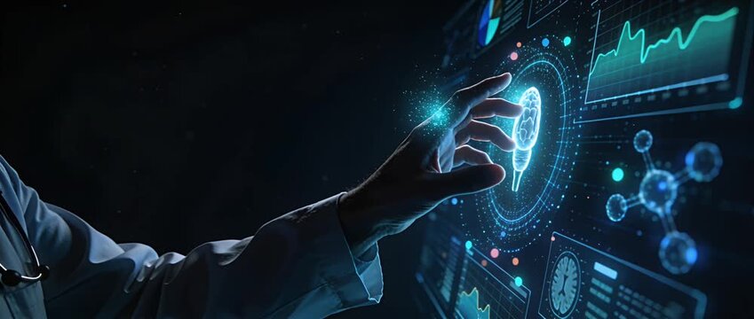 Futuristic medical technology digital brain artificial intelligence innovation science healthcare data analysis research video with neural network data analytics digital interface concept showing