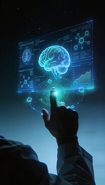 Futuristic digital brain hologram interface technology science research innovation surgeon hand controls virtual neural data analysis medicine healthcare vision cyber ai glowing display virtual