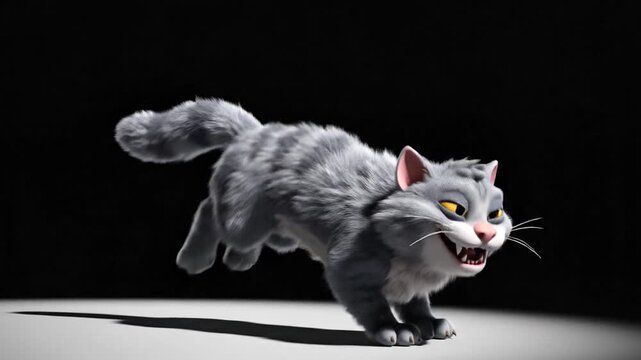 A gray cat with yellow eyes appears to pounce.