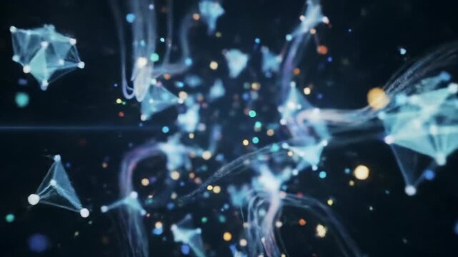 A wide video transitions to medium close-up of iridescent data particles fusing into a glowing 3D word 'INNOVATE' in a dark charcoal abyss with soft volumetric light and bokeh, concept of digital