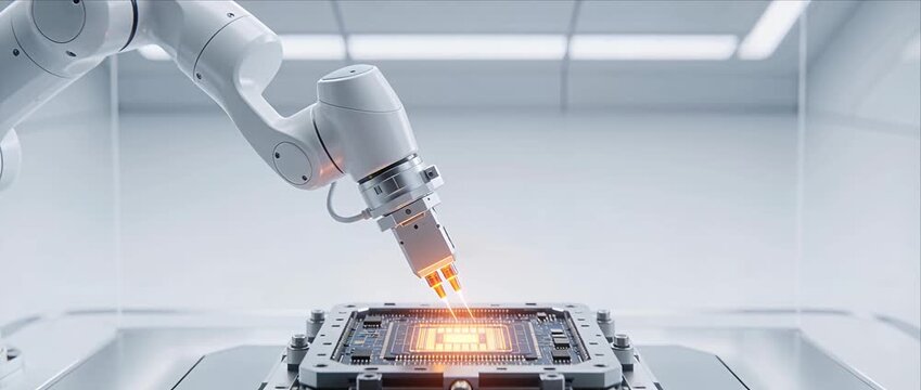 Futuristic robotic arm automation microchip circuit processor technology laboratory glowing microchip precision engineering artificial intelligence machine learning innovation science future