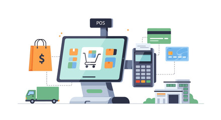 Fototapeta premium E-commerce & Retail Ecosystem: POS System, Online Shopping, Payment, & Delivery Logistics Flat Vector Illustration