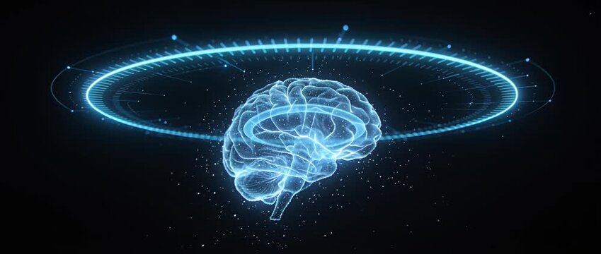 Futuristic brain hologram digital mind artificial intelligence data network neural connection blue light innovation virtual reality quantum technology cyber space future technology innovation glowing