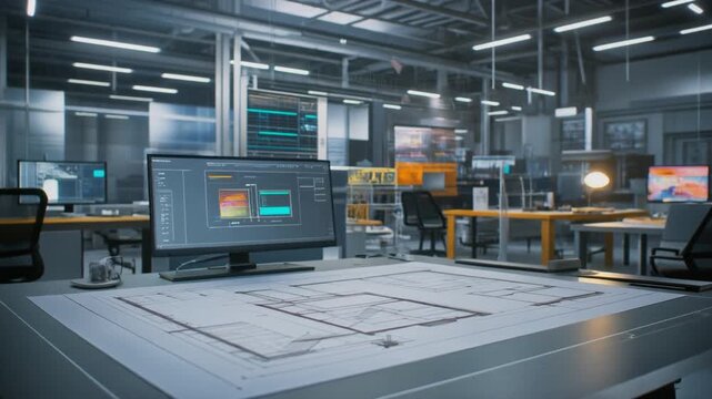 High-tech engineering office where blueprints meet advanced digital design, showcasing collaborative innovation and future development in a modern workspace