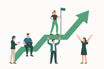 Fototapeta premium Diverse team celebrating business growth on upward graph with goal flag, flat design vector illustration