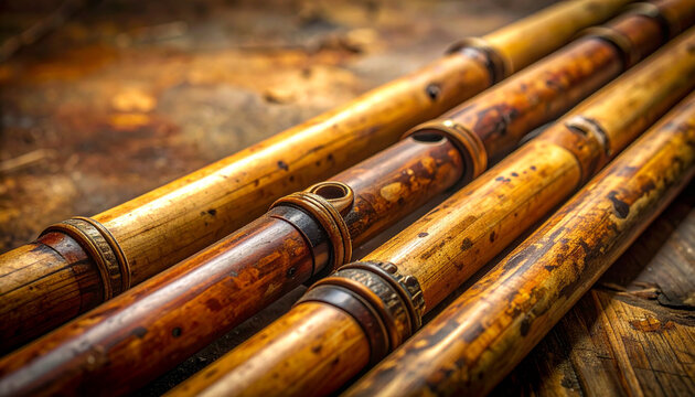 Close up of bamboo flutes displayed on wooden surface