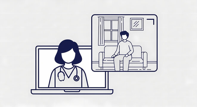 A doctor and patient engage in a virtual consultation using a laptop computer. Flat Illustration