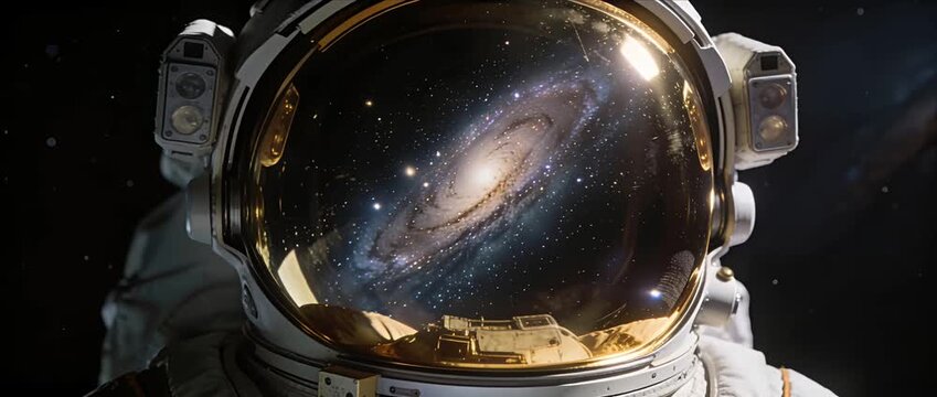Surreal astronaut helmet reflection in galaxy space universe cosmic nebula and starfield exploration dreamlike futuristic science fiction adventure fantasy and deep space astronomy wonder