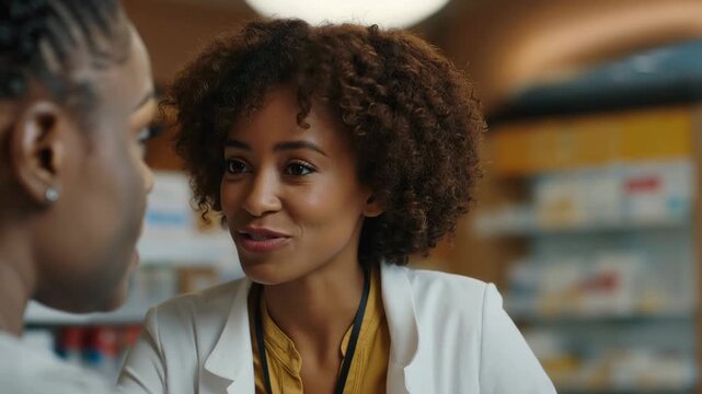 Community pharmacist explains prescription assistance program to uninsured patient at consultation window, medication discount cards and pricing guides visible, empathetic professional interaction,