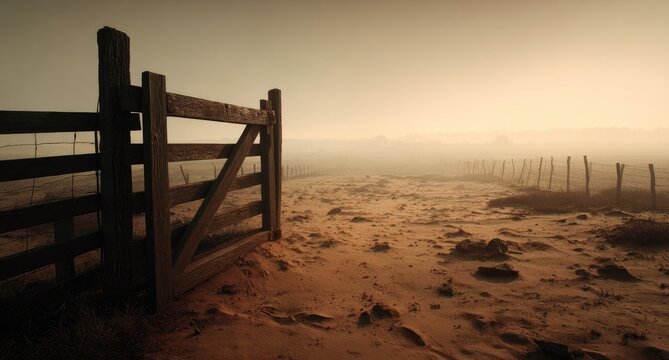 Rustic wooden gate in a hazy, dusty landscape