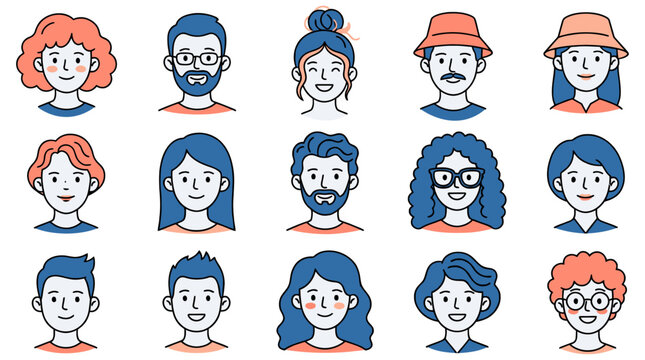 Set of diverse people avatars in flat line art style | Collection of modern male and female character portraits for profile web icons and user interface