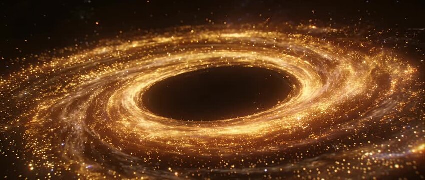 Golden galaxy spiral black hole space glowing vortex cosmic swirl bright star dust ring abstract universe background deep space energy motion glitter particle field luminous nebula circle cosmic
