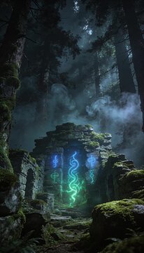 Fantasy forest ancient ruin with glowing rune stone arch magic portal green light blue light misty atmosphere enchanted woodland mysterious path mystical fog dark woods mystery fantasy landscape