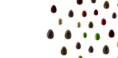 Artistic Easter eggs in various colors and designs arranged on white background, perfect for holiday greetings and fest © vegefox.com