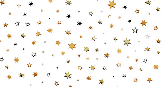 Golden stars confetti on white background. Festive celebration. Abstract pattern. Shiny decorations, happy moments, brig