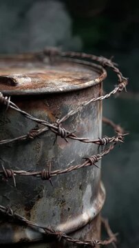Oil and Conflict rusted industrial oil barrel wrapped in barbed wire symbolizing resource war tension, Oil and Conflict rusted industrial oil barrel representing geopolitical crisis and energy control