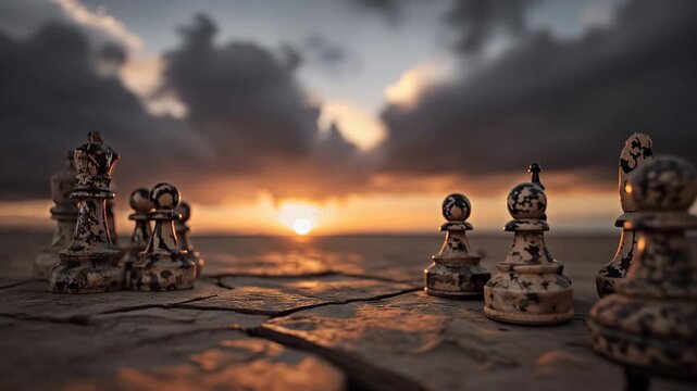 Geopolitical chessboard burning sunset over an outdoor battlefield strategy scene, geopolitical chessboard burning sunset over an outdoor landscape symbolizing power struggle and global rivalry