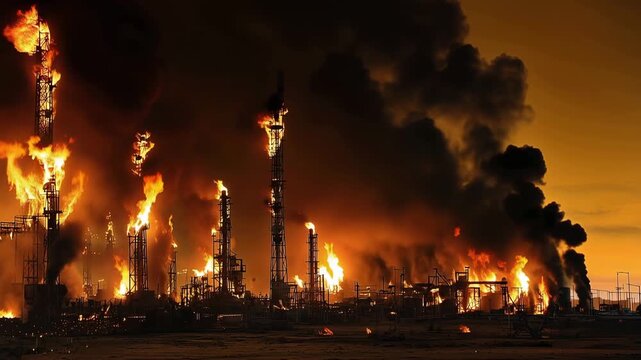 Oil conflict double exposure of a war torn face and burning refinery symbolizing energy war crisis, Oil conflict double exposure of a war torn human portrait with flames representing geopolitical oil 