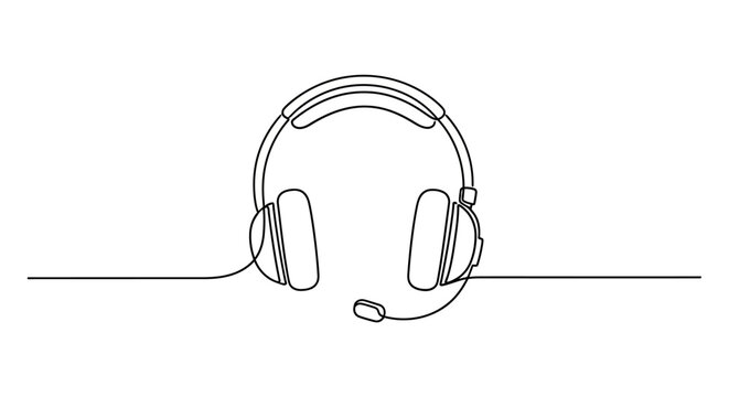 Minimalist line art of a headset with microphone, symbol for communication, gaming, or support
