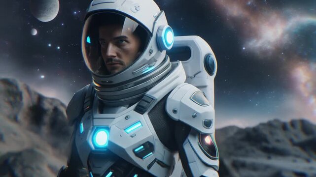 Astronaut in a futuristic spacesuit exploring an alien planet under a starry sky, symbolizing space exploration and discovery