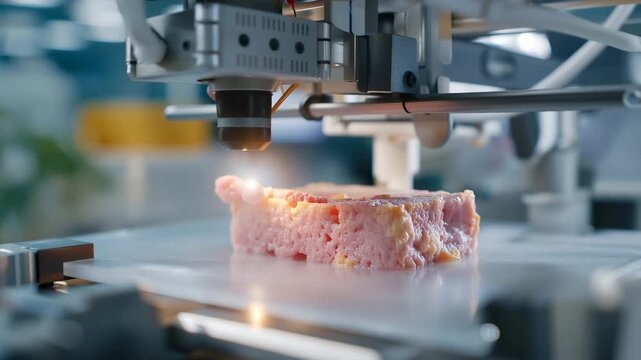 3D bioprinter creating human skin tissue layer by layer, pink cellular material forming while technician monitors process in clinical research laboratory setting, ideal for regenerative medicine