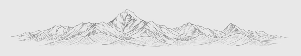 Wide panoramic Annapurna mountain range line art detailed Himalayan skyline Nepal vector