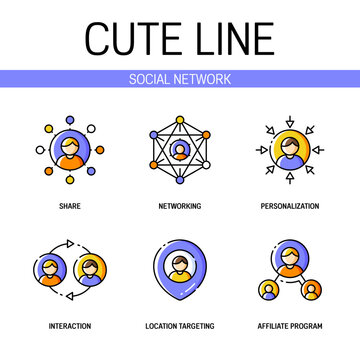 Social network related icon set contains elements of sharing, personalization, interaction, location targeting, affiliate program and more. Flat filled outline style. Pixel perfect. Editable stroke