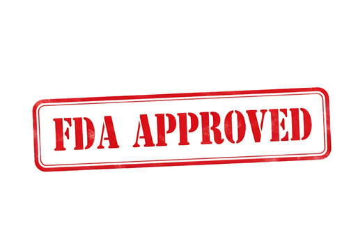Fda approved red rubber stamp with bold white text, isolated on transparent cutout Icon png.