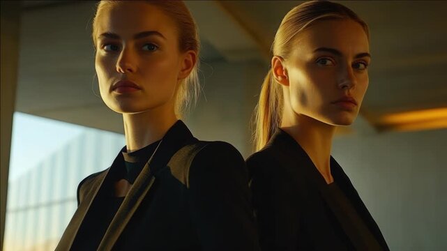 Two stylish women in business attire posing side by side in an industrial setting, capturing a sense of professional collaboration and partnership.