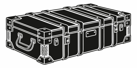 Three black travel trunks with metal hardware © Hf