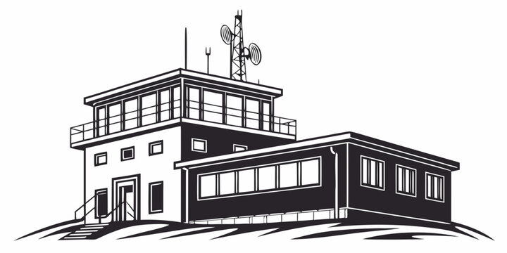 A black and white drawing of a control tower