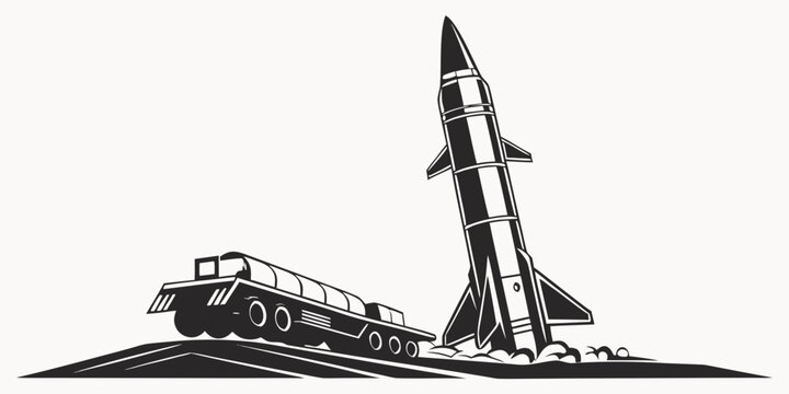 A black and white image of a rocket launching from a truck